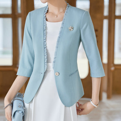 Women's Collarless Three Quarter Sleeve Suit Jacket apparel & accessories