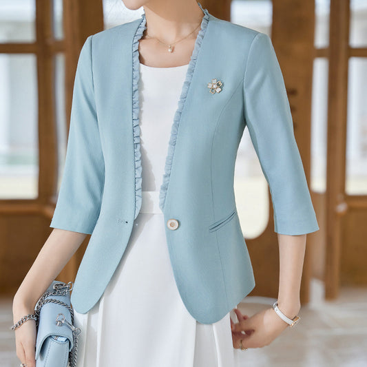 Women's Collarless Professional Casual Three Quarter Sleeve Suit Jacket apparel & accessories