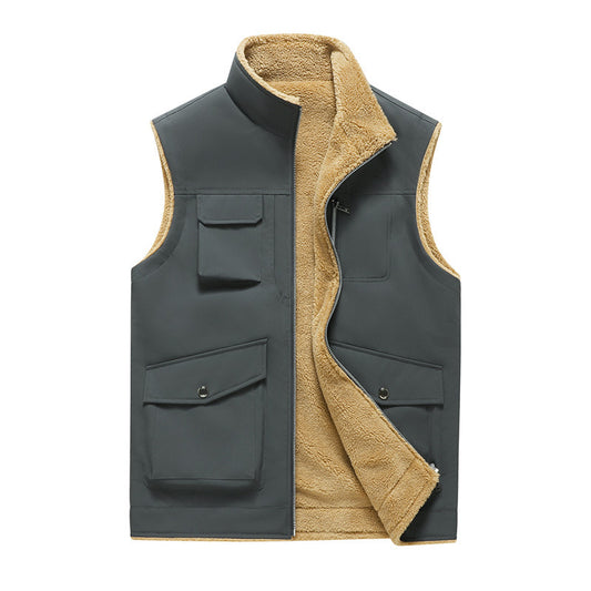 Multi-Pocket Workwear Vest Stand Collar Thin Velvet Vest men's clothing