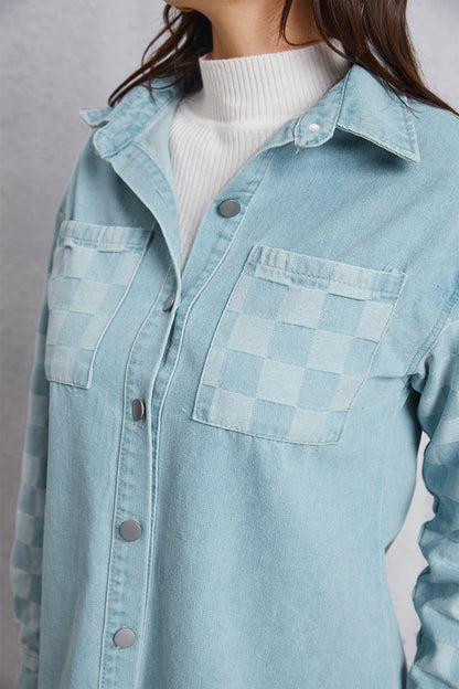 Raw Hem Checkered Dropped Shoulder Denim Jacket Dresses & Tops