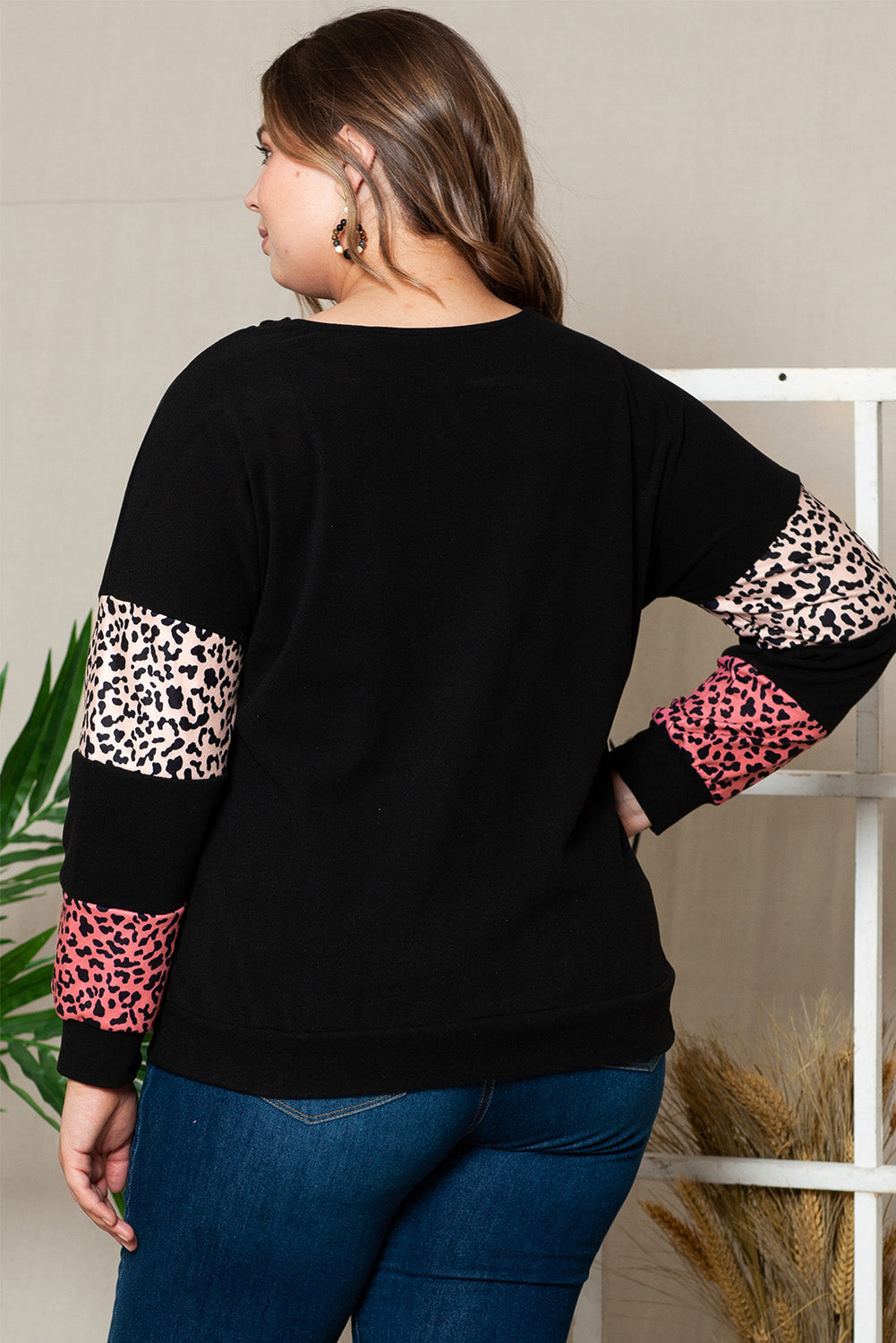 Plus Size Leopard Dropped Shoulder Long Sleeve T-Shirt Dresses & Tops