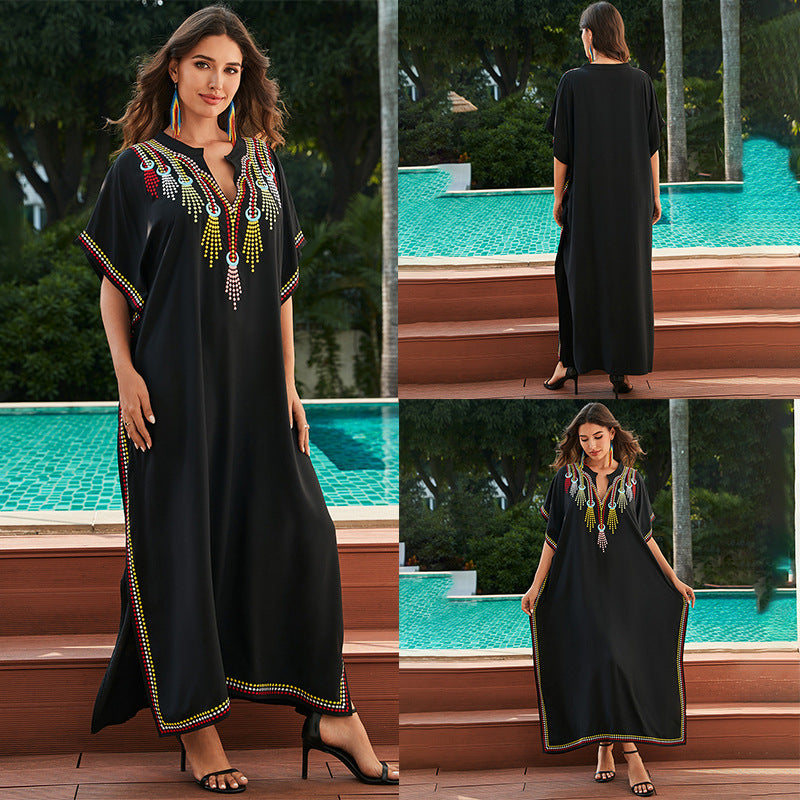 Women's Cotton Beach Cover-up Robe Style Loose Embroidery Vacation Dress apparel & accessories