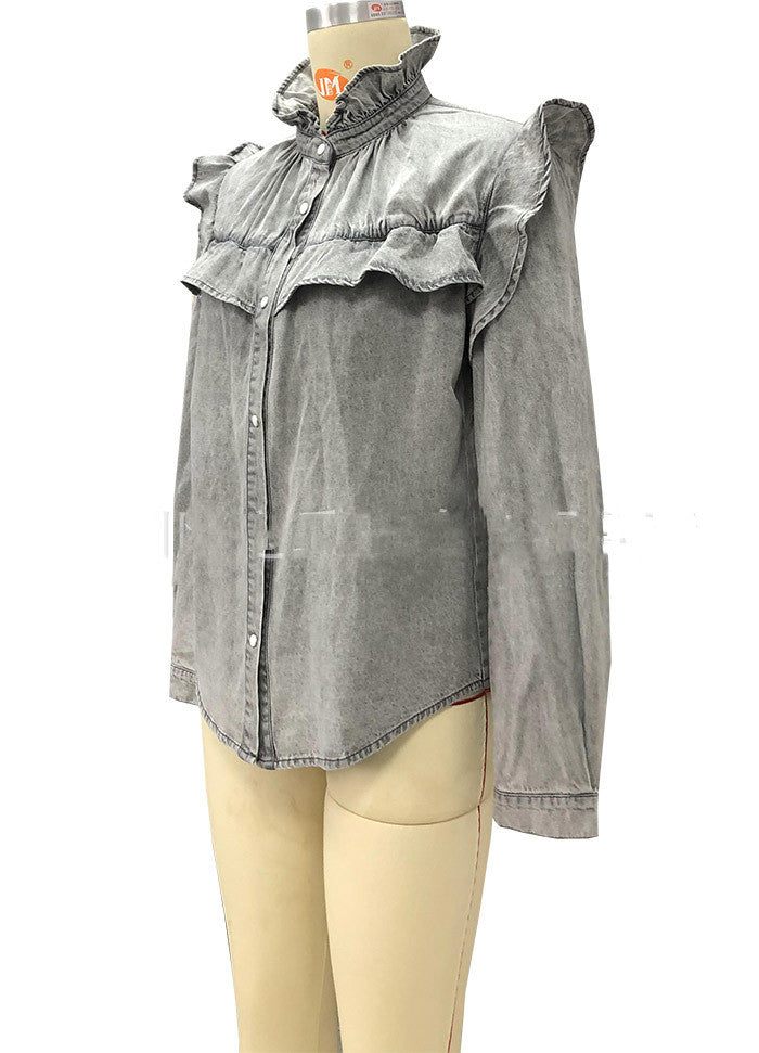 Denim Shirt Ruffled Thin Commuter Denim Top apparel & accessories