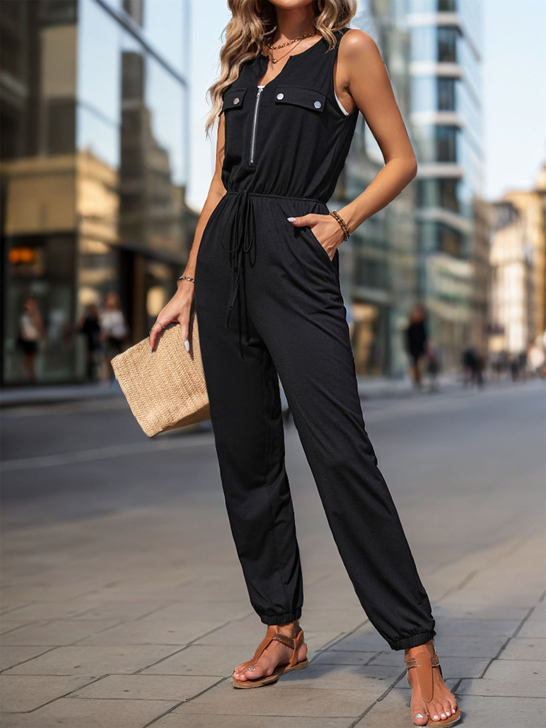 Half Zip Sleeveless Jumpsuit with Pockets apparel & accessories