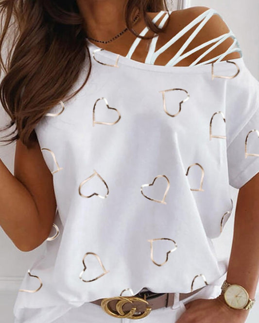 Women's Love Print Round Neck Off Shoulder Irregular Short Sleeve T-Shirt apparel & accessories