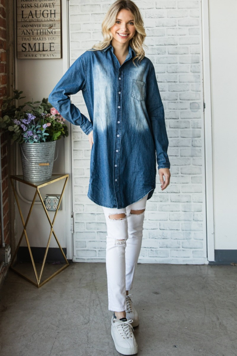 Veveret Pocketed Button Up Washed Denim Shirt Dresses & Tops