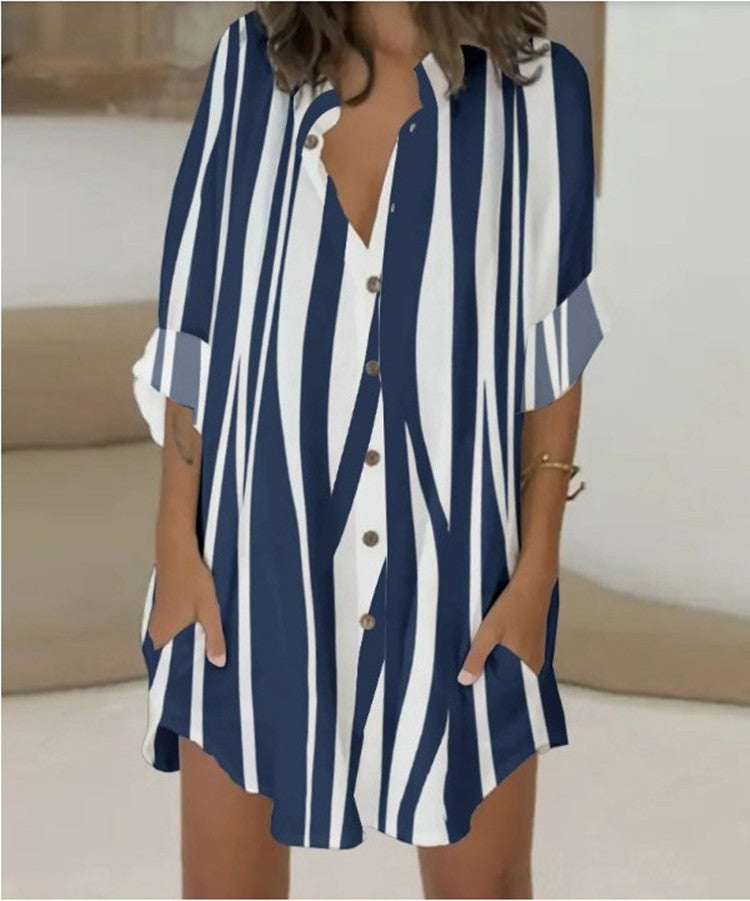 Women's Summer Fashion Print Trendy Shirt Loose Pocket Dress apparel & accessories