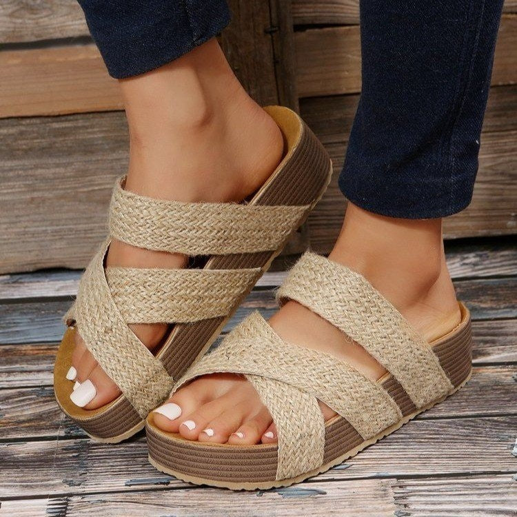 Woven Cross-strap Slippers Summer Platform Sandals Women Flat Beach Shoes Shoes & Bags