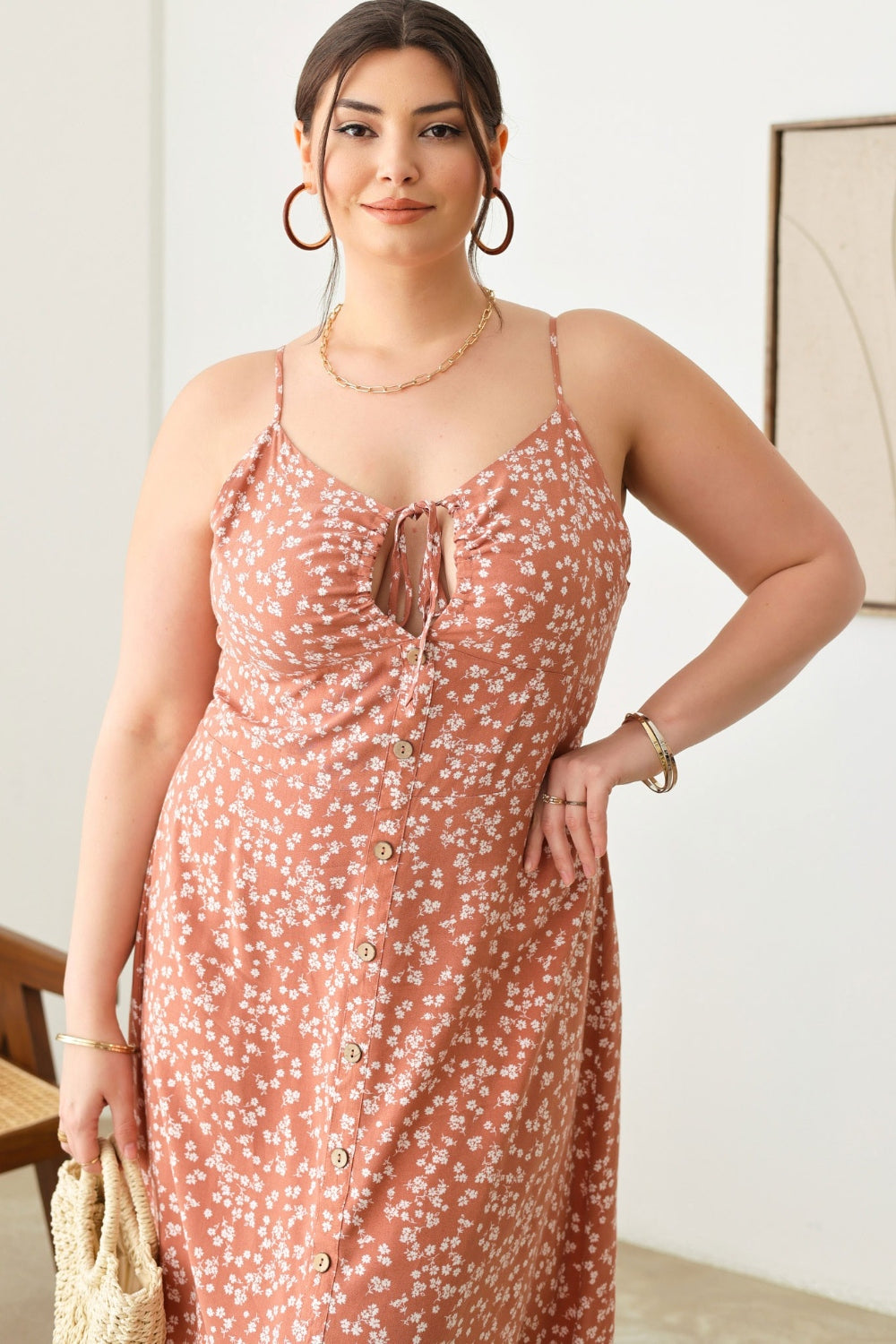 Zenobia Plus Size Cutout Floral Spaghetti Strap Dress Dresses & Tops