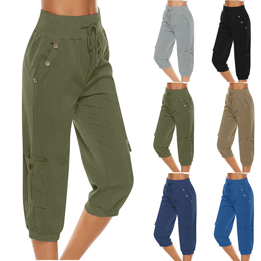 Women's Cropped Pants Cotton Linen Cargo Pocket Casual Pants apparels & accessories