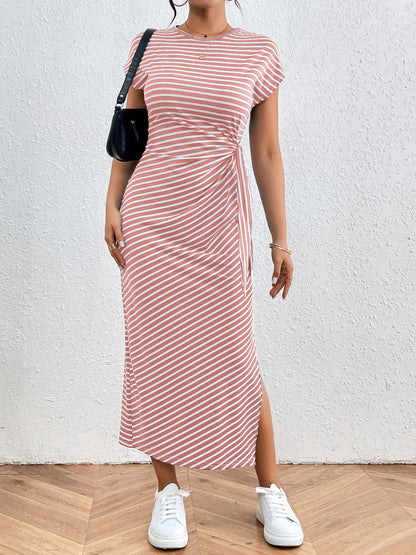 Tied Striped Round Neck Short Sleeve Tee Dress Dresses & Tops