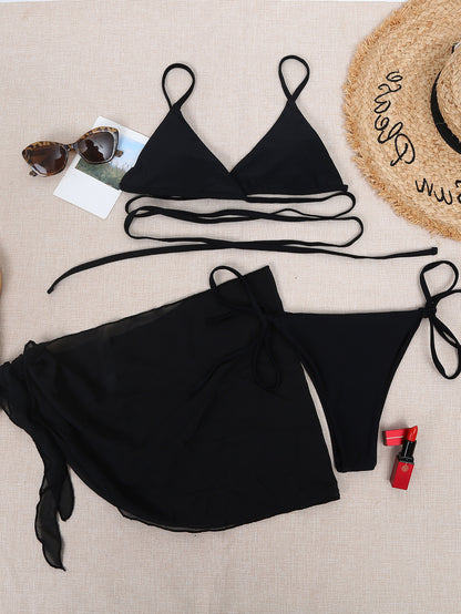 Solid Color Bikini Chiffon Cover Skirt  Swimsuit Three Piece Swimsuit apparel & accessories