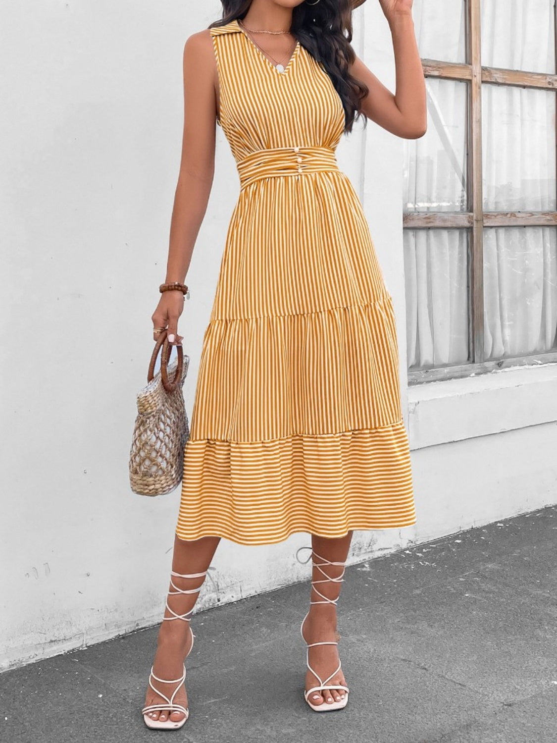 Striped Johnny Collar Sleeveless Midi Dress Dresses & Tops