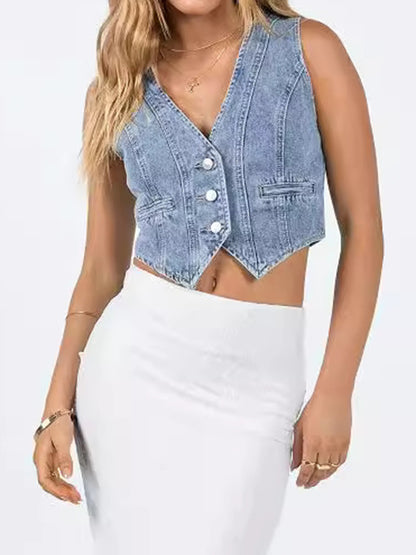 Button Up Sleeveless Denim Top Dresses & Tops