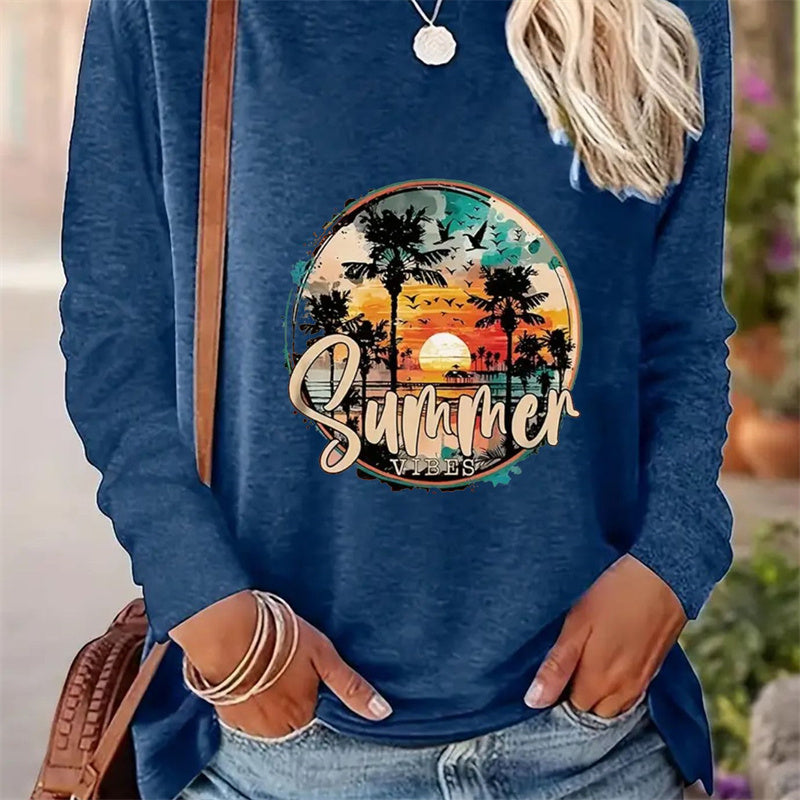 Autumn Women Casual Simple Pattern Printed Round Neck Long Sleeve T-shirt apparels & accessories