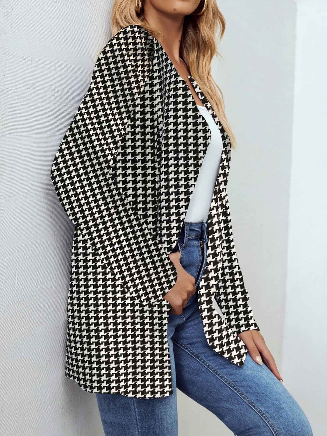 Houndstooth Open Front Long Sleeve Jacket Dresses & Tops