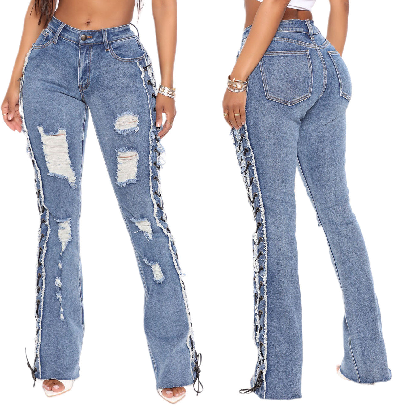 Eyelet Rope High Elasticity Slim Fit Ripped Denim Trousers apparel & accessories