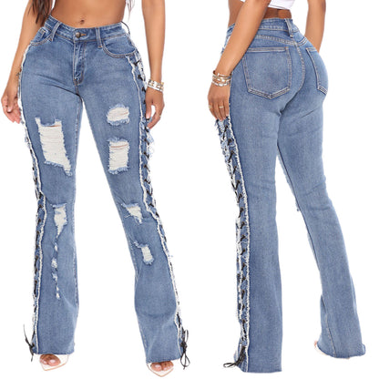 Eyelet Rope High Elasticity Slim Fit Ripped Denim Trousers apparel & accessories