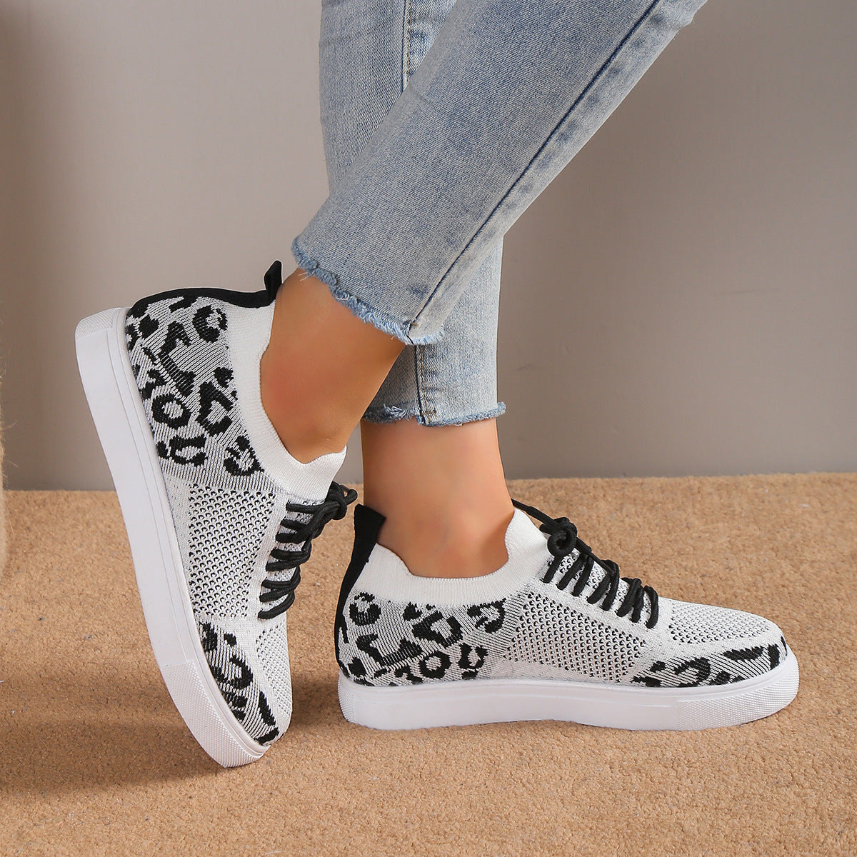 Lace-Up Leopard Flat Sneakers Shoes & Bags