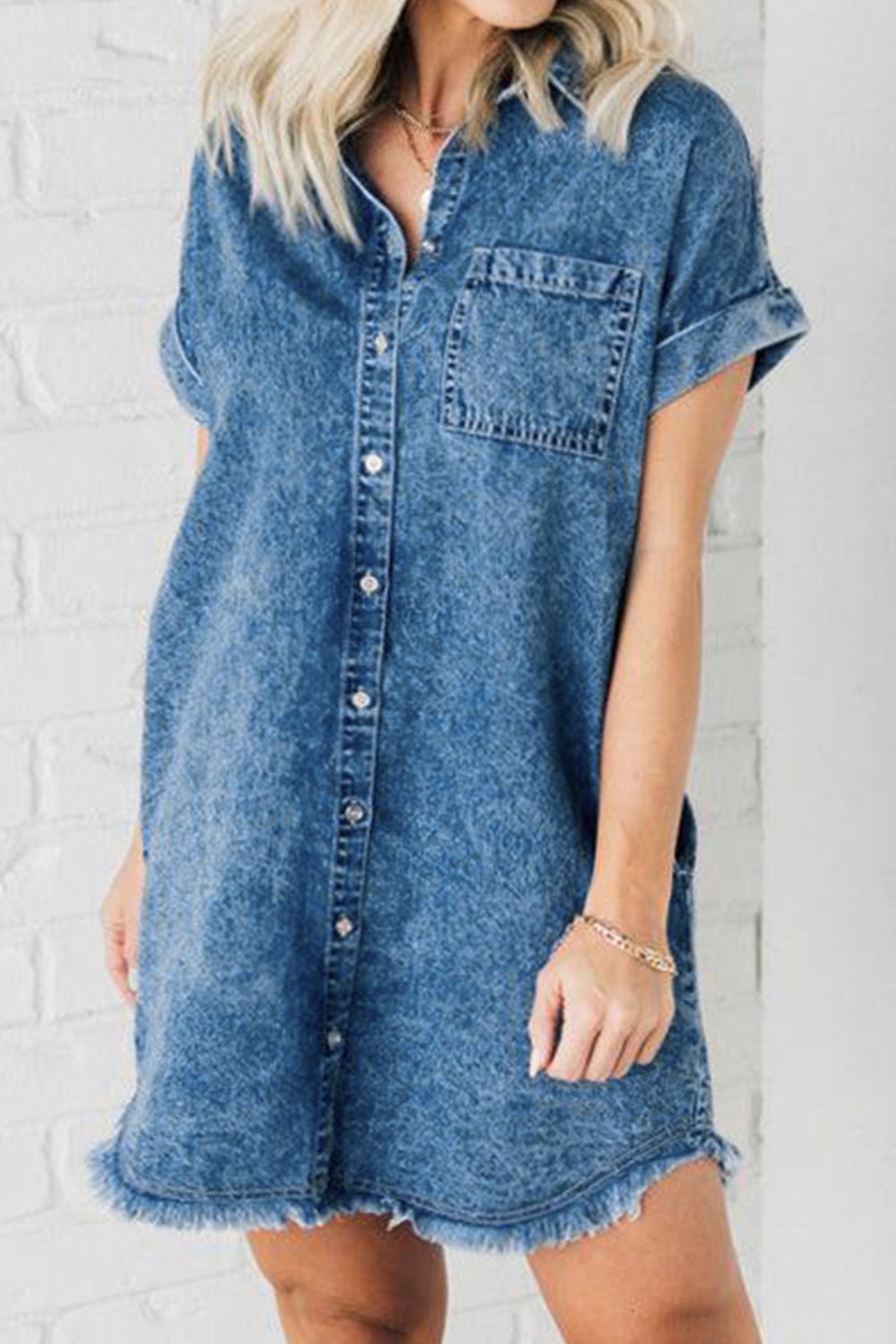 Raw Hem Pocketed Cap Sleeve Denim Dress apparel & accessories