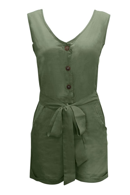 Full Size Tied V-Neck Sleeveless Romper with Pockets Dresses & Tops