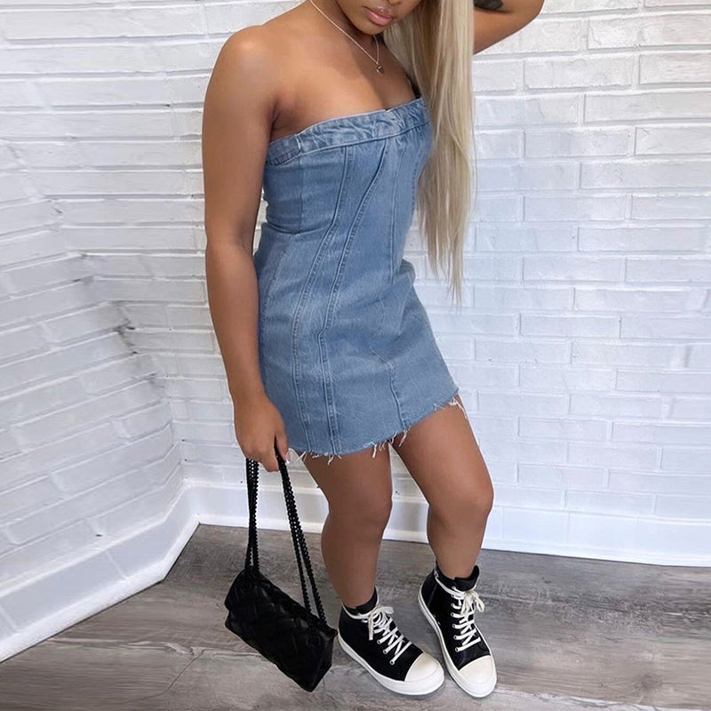 Fashion Backless Tube Denim Dress Dresses & Tops