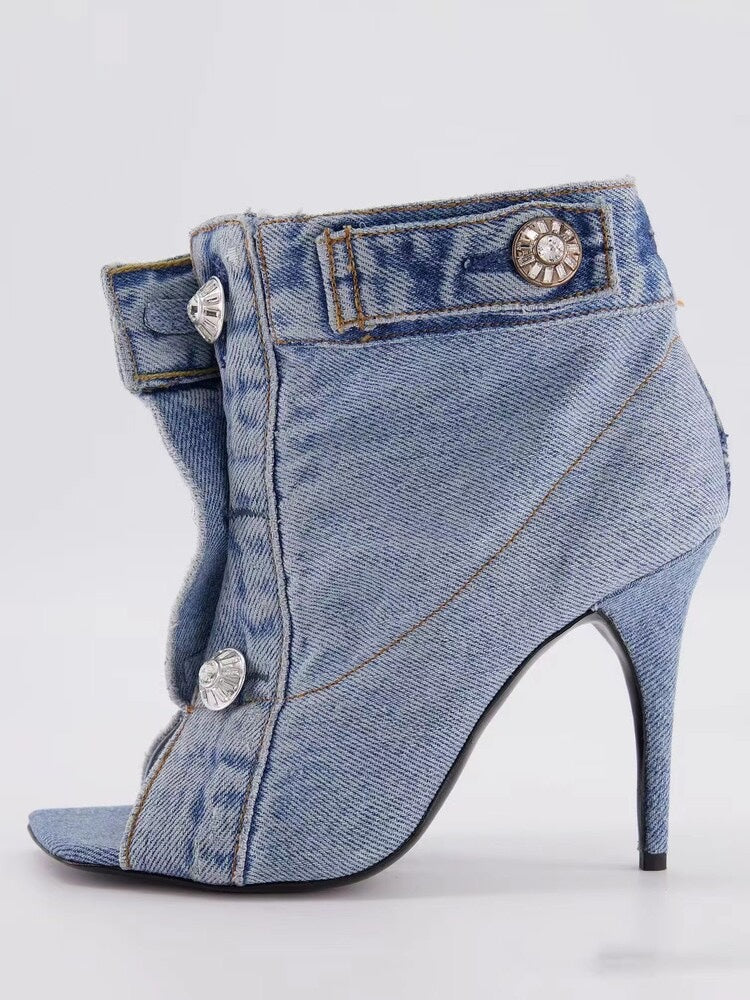 Short Boots High Heeled Rivets Denim apparel & accessories