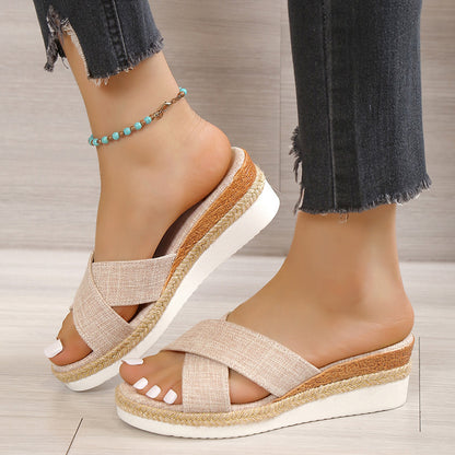 Women Hemp Wedge Sandals Platform Slippers Shoes & Bags