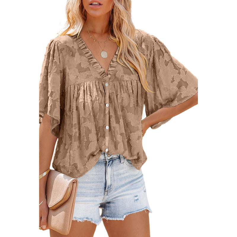 V-neck Cardigan Five-point Mid-sleeve Chiffon Shirt Print Top apparels & accessories