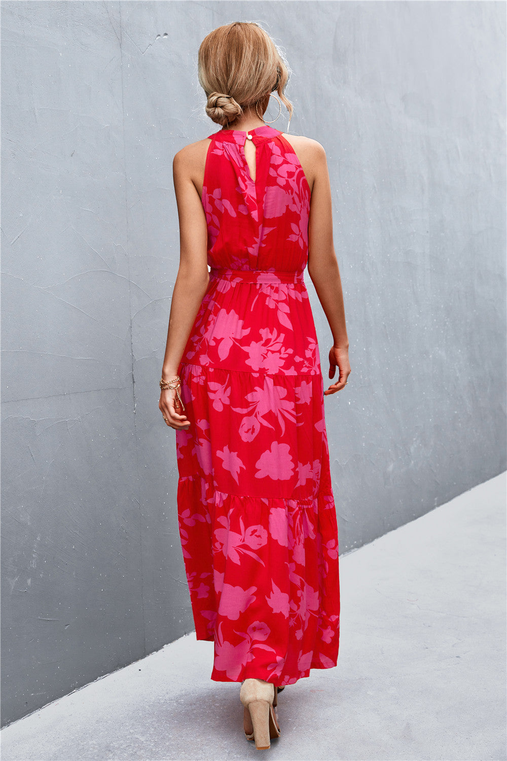 Printed Sleeveless Tie Waist Maxi Dress apparel & accessories