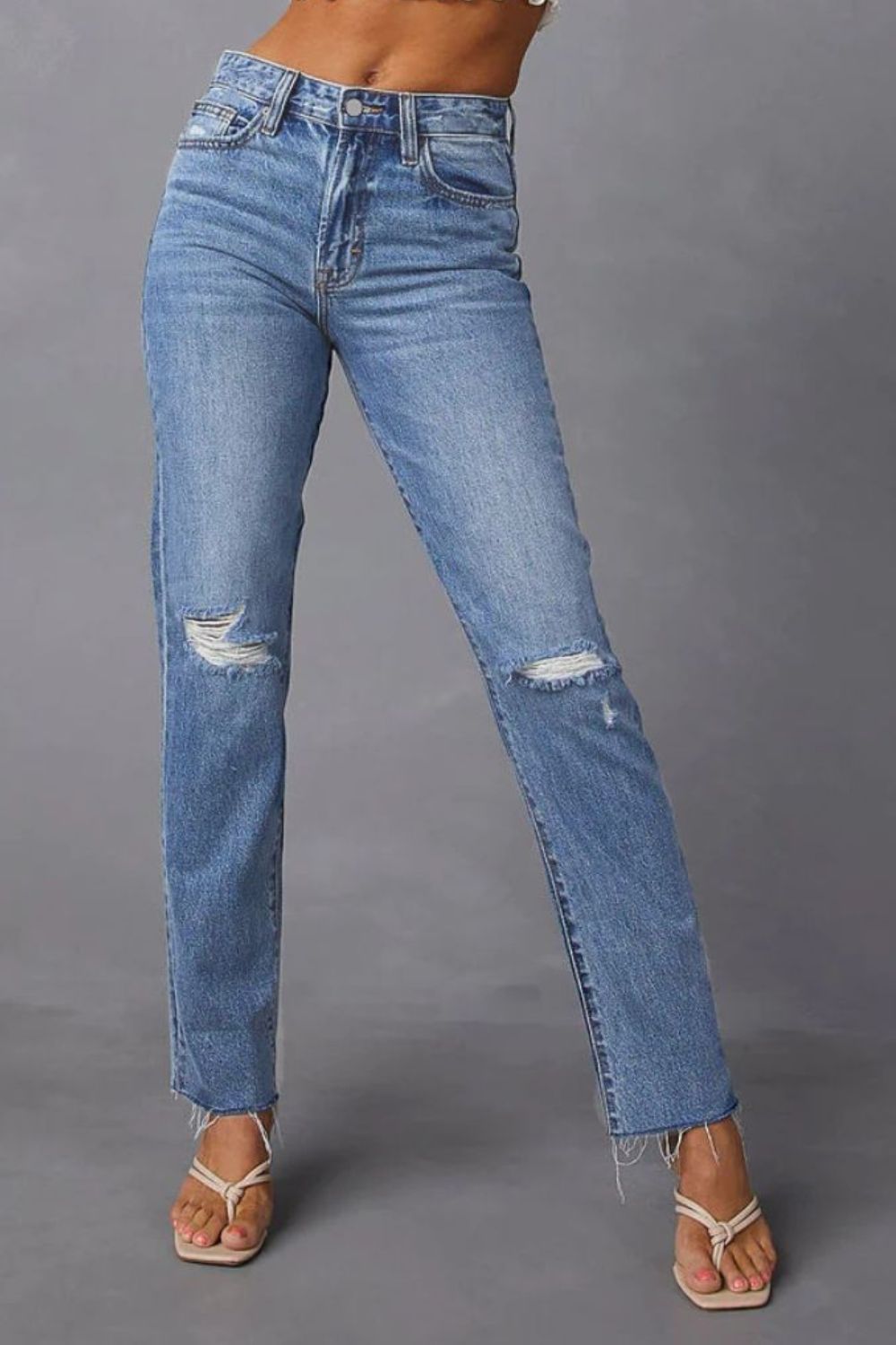 Distressed Raw Hem Straight Jeans with Pockets Bottom wear