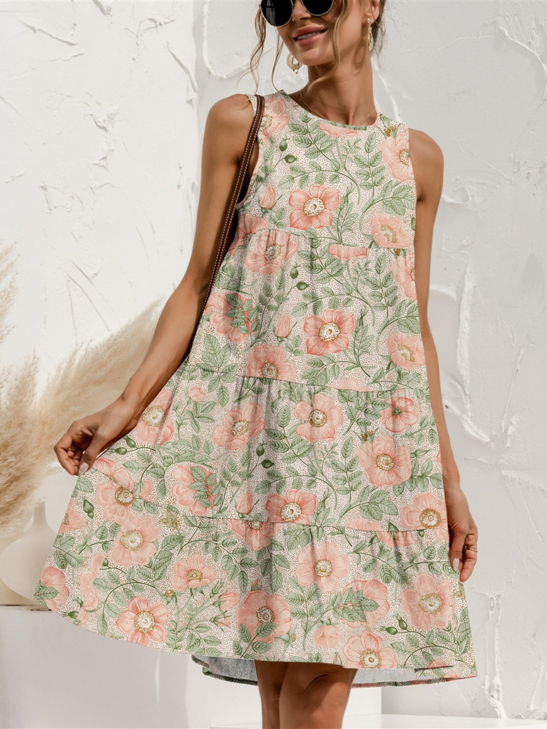 Tiered Printed Round Neck Sleeveless Dress Dresses & Tops
