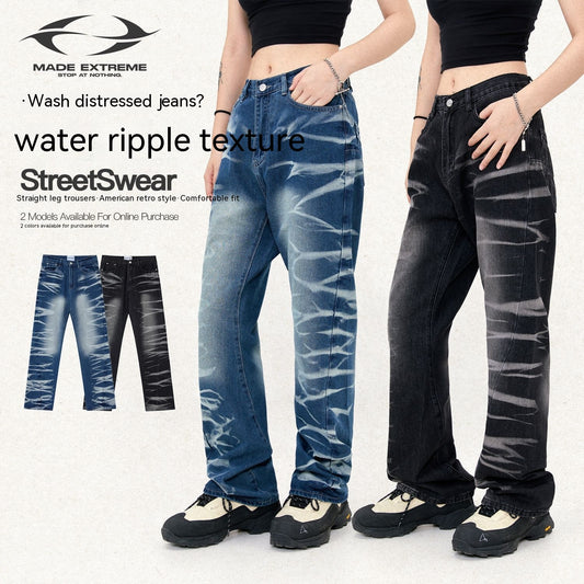 Avant-garde Street Washed Corrugated Straight Jeans Men And Women apparel & accessories