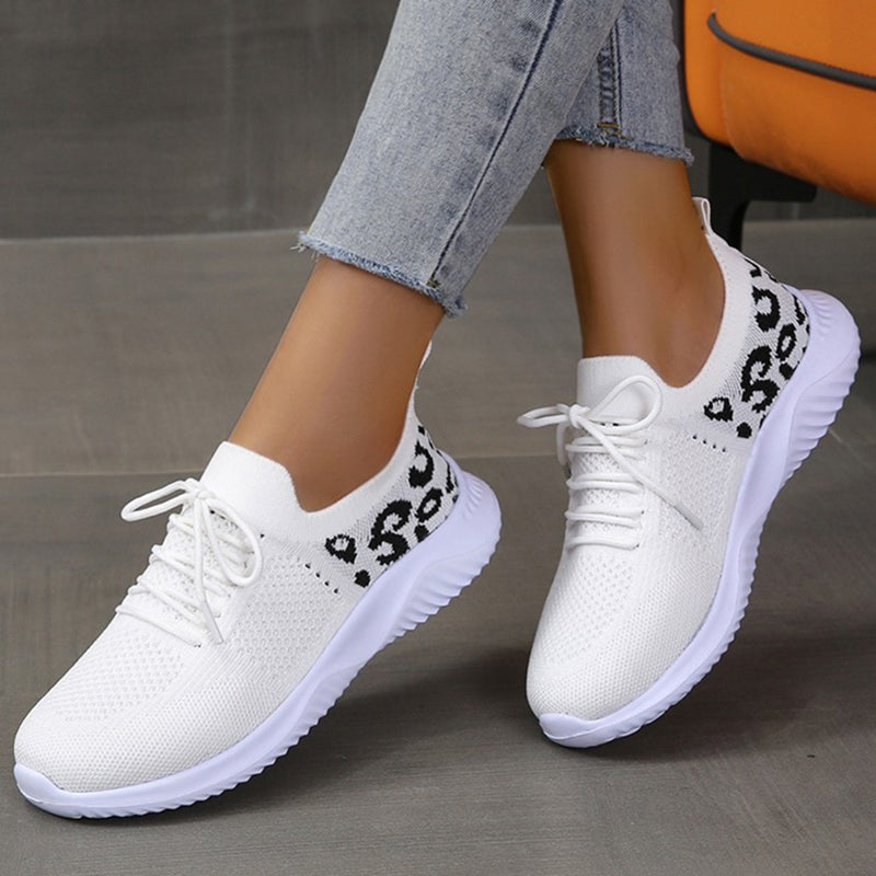 White Shoes Leopard Print Lace-up Sneakers Shoes & Bags