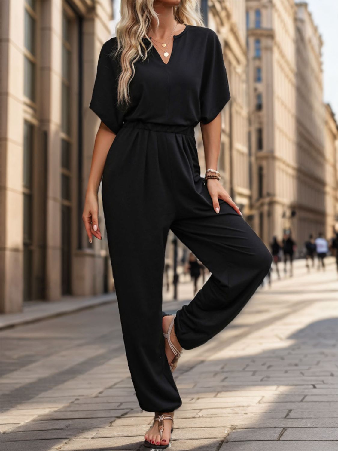 Notched Half Sleeve Straight Jumpsuit Bottom wear