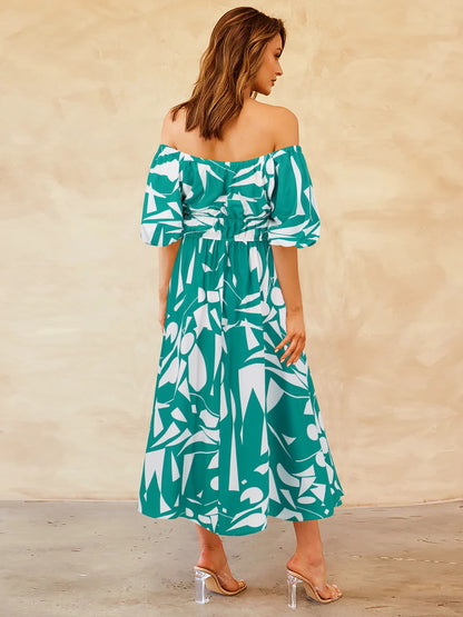 Printed Off-Shoulder Balloon Sleeve Dress apparel & accessories