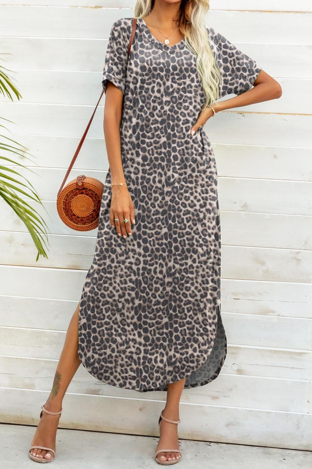 Printed V-Neck Curved Hem Dress apparel & accessories