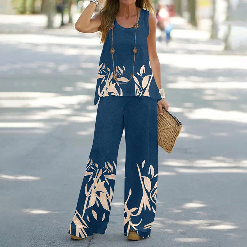 Printed Sleeveless Top And Straight Pants Two-piece Set apparels & accessories