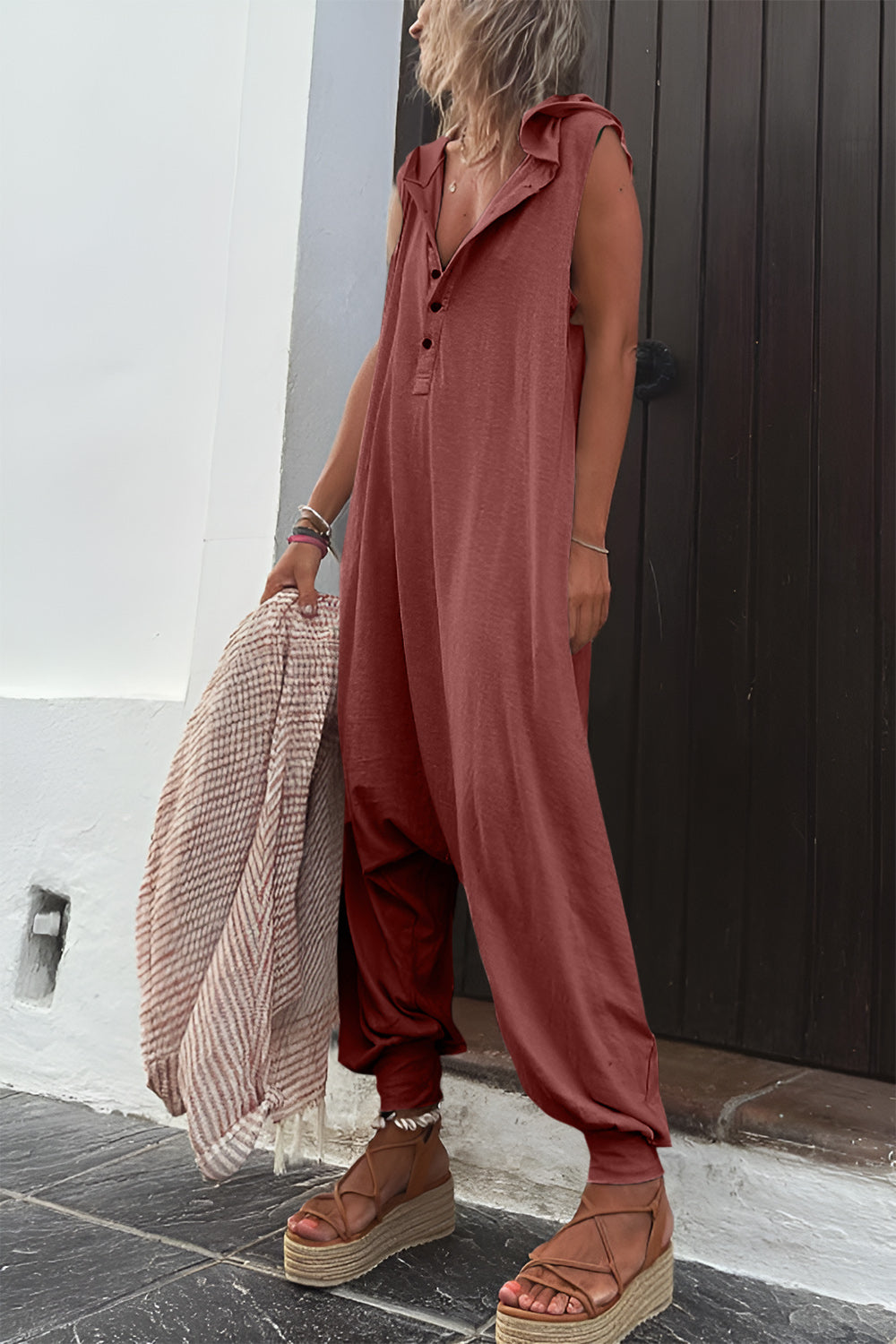 Half Button Sleeveless Jumpsuit Bottom wear