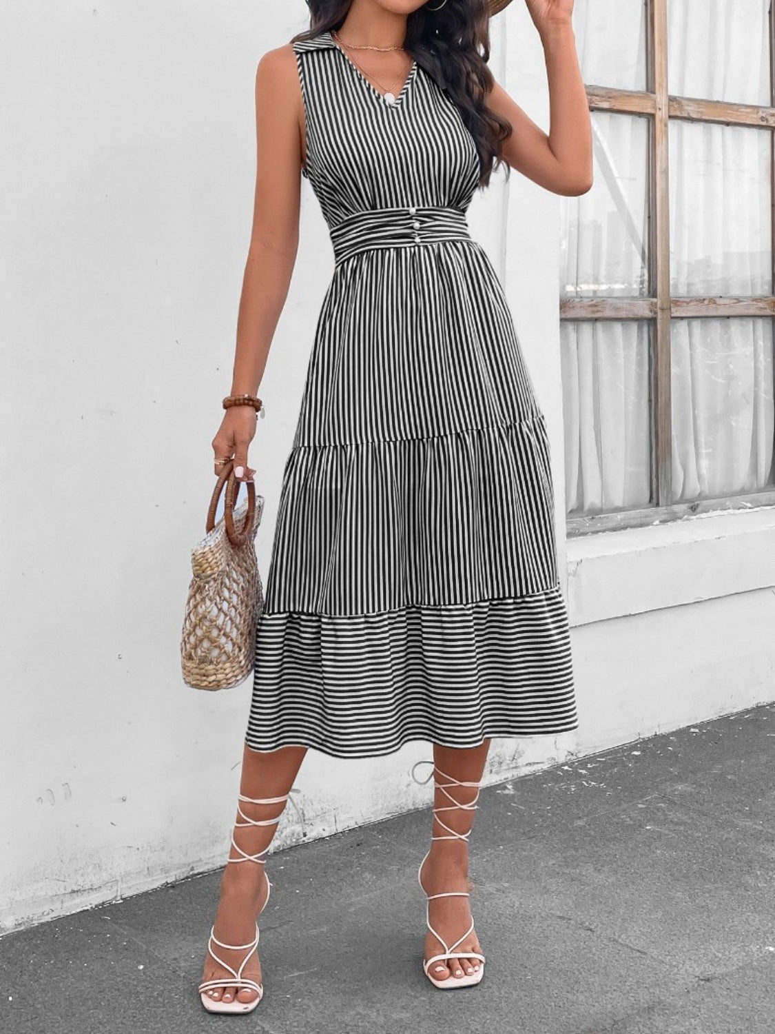 Striped Johnny Collar Sleeveless Midi Dress Dresses & Tops