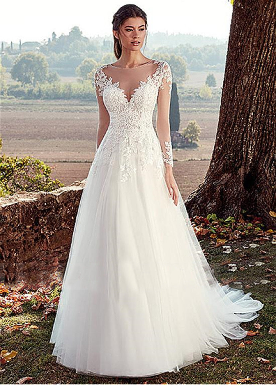 High U-neck Lace Long Sleeve A- Line Long Tail Simple Wedding Dress apparel & accessories