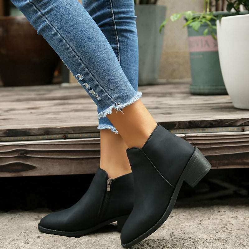 Ankle Boots Women Chunky Mid Heel Shoes Waterproof Side Zipper Boots Shoes & Bags
