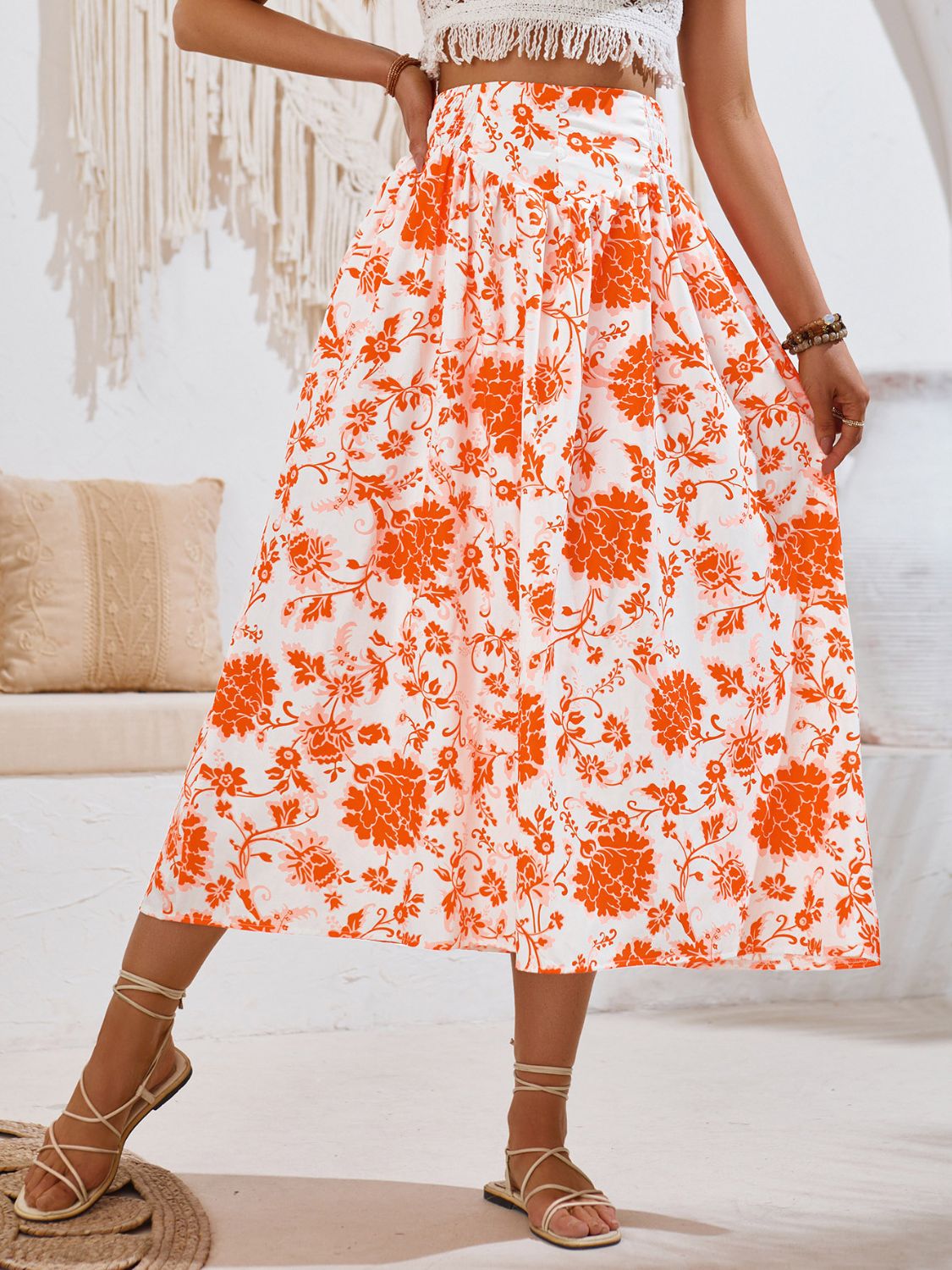 Printed Elastic Waist Midi Skirt Bottom wear