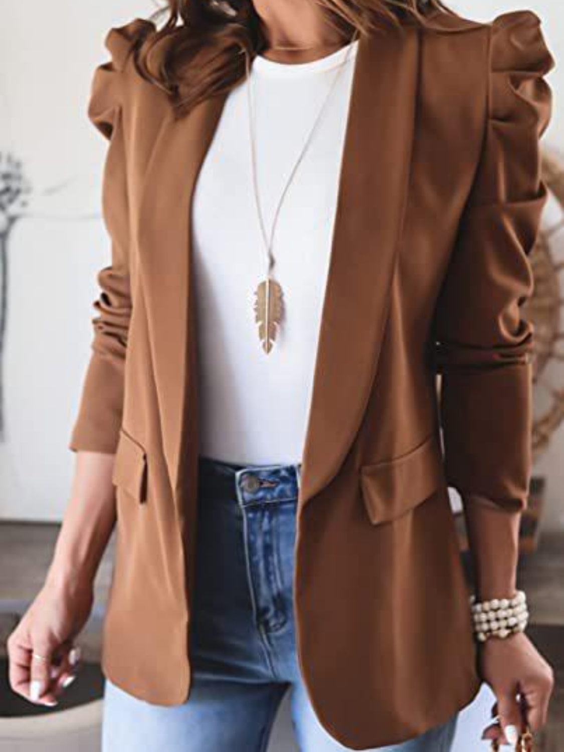 Collared Neck Puff Sleeve Blazer Dresses & Tops