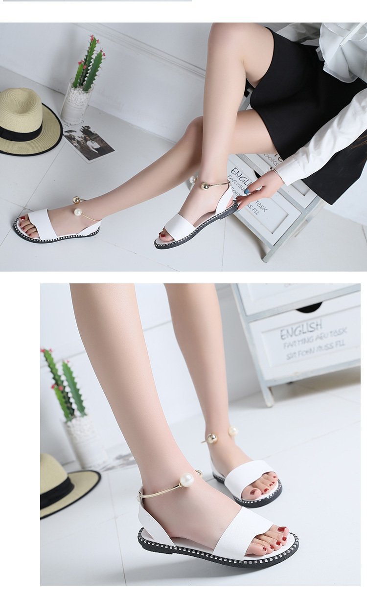 Women Summer Open Toed Simple Flat Roman Style Sandals Pearl Buckle Girl Student Shoes Shoes & Bags