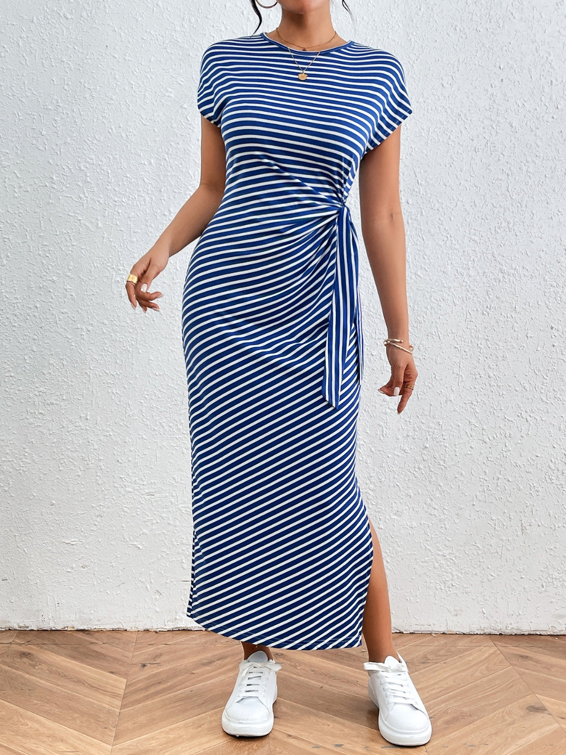 Tied Striped Round Neck Short Sleeve Tee Dress Dresses & Tops