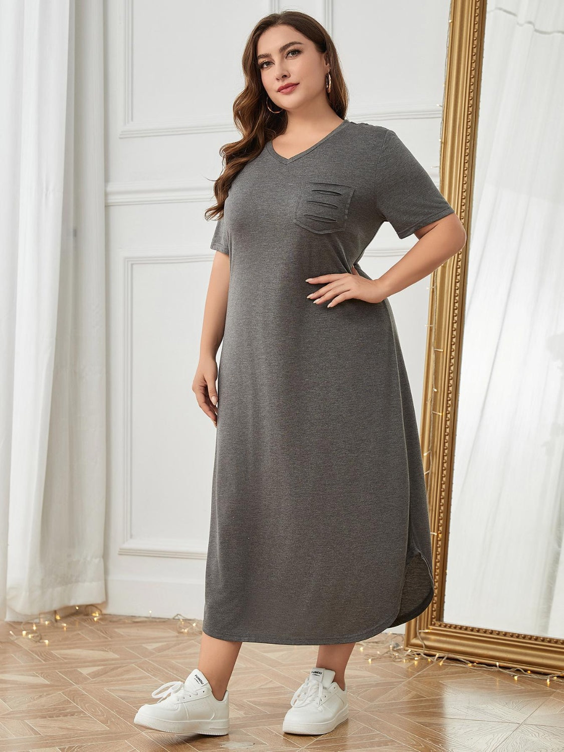 Plus Size Pocketed V-Neck Short Sleeve Lounge Dress Dresses & Tops