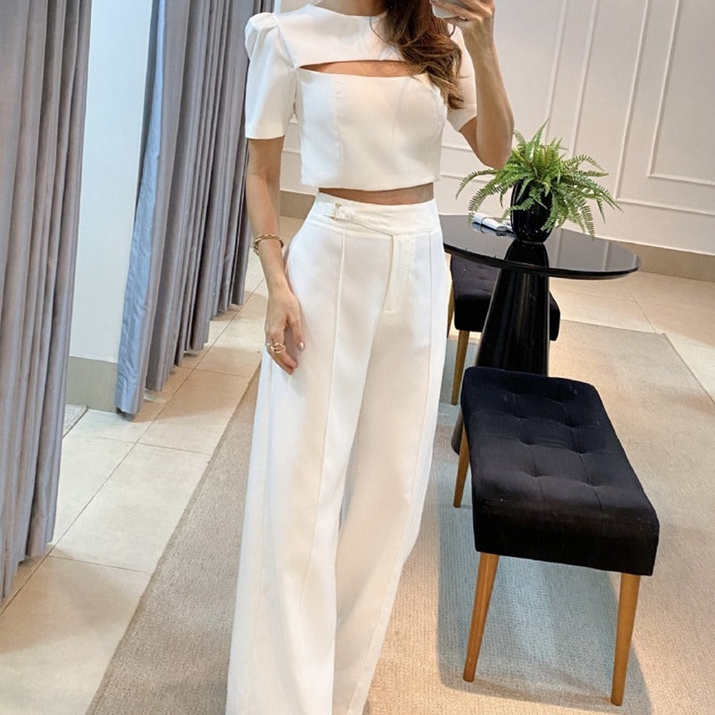 Women's White Short Sleeve Chest Hollow Out Top Suit apparel & accessories