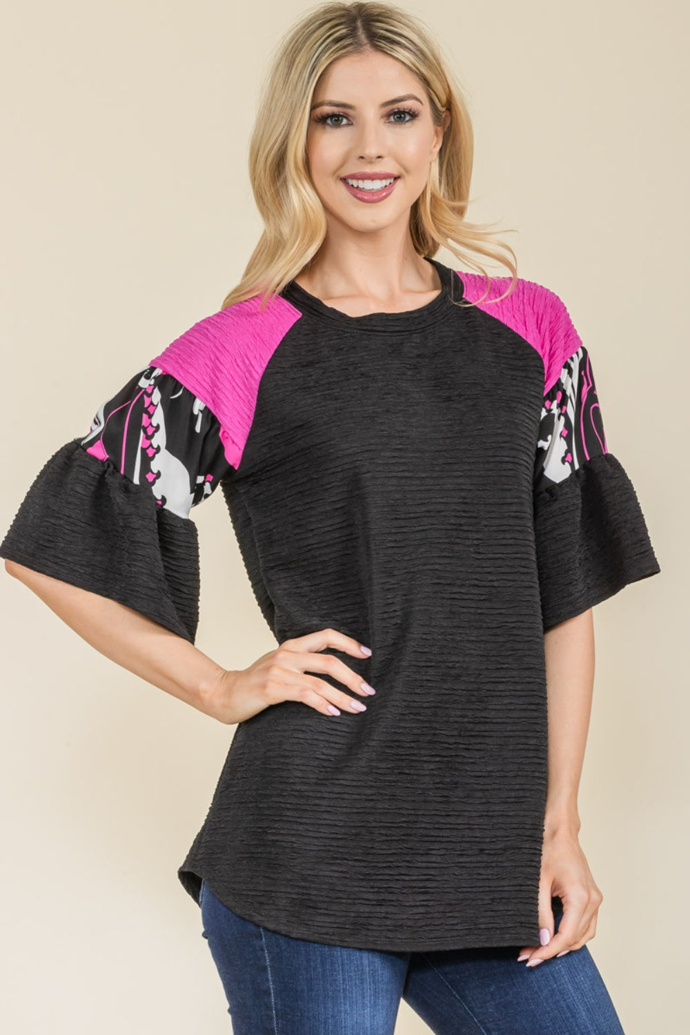 Celeste Full Size Texture Printed Color Block Top apparel & accessories