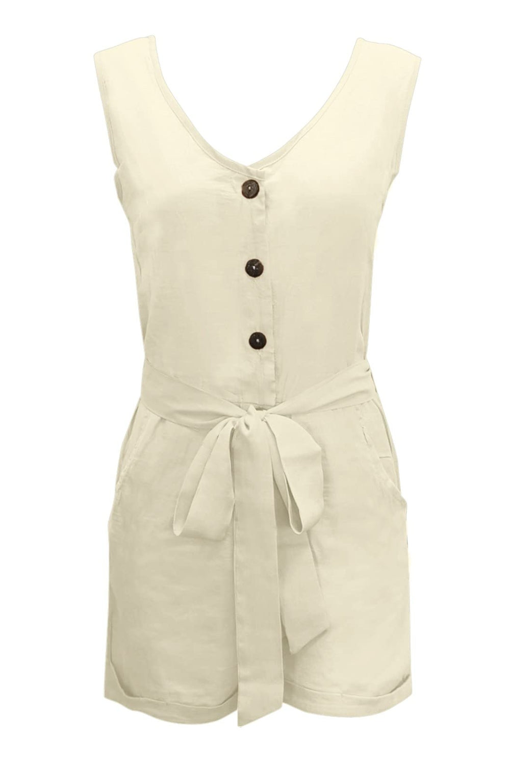 Full Size Tied V-Neck Sleeveless Romper with Pockets Dresses & Tops